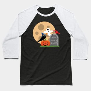 Halloween: Cute Crow and Cardinal Scared by a Ghost - PEEK-A-BOO Baseball T-Shirt
